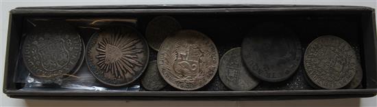 Silver coins, inc Spanish/Mexican 8 Reales 1770, 1799 & 1890, Lima sol 1889, Russian rouble 1831, early Papal?, etc (Q - P-G)